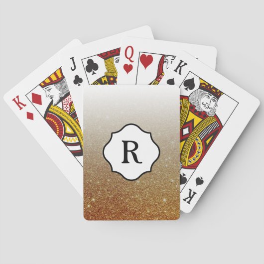 Schwarzes Monogramm auf Orange Gold Glitzer Ombre Spielkarten (Rückseite)