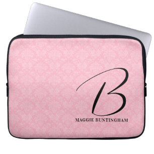 Schwarzes Monogramm auf rosa Damast Laptopschutzhülle