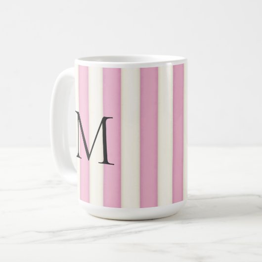 Schwarzes Monogramm auf rosa und antike weiße Stre Kaffeetasse (Vorderseite Links)