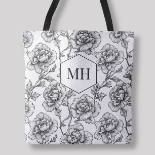 Schwarzes Monogramm Botanische Blumen Elegante Blü Tasche