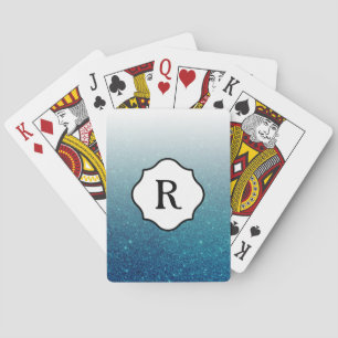 Schwarzes Monogramm, funkelnd dunkler Türkis-Glitt Spielkarten