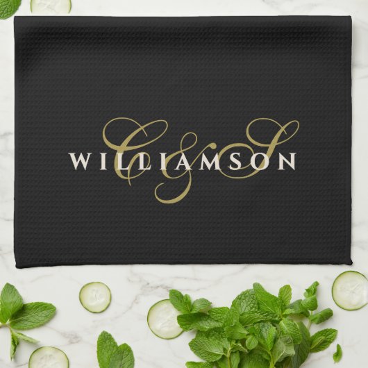 Schwarzes Monogramm Gold Creme Minimalistisches Ch Geschirrtuch (Gefaltet)