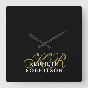 Schwarzes Monogramm Gold Weiß Minimalistisches Mod Quadratische Wanduhr