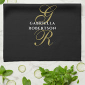 Schwarzes Monogramm Gold Weiße Name Minimalistisch Geschirrtuch (Gefaltet)