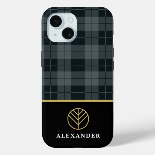 Schwarzes Monogramm Grau Kariertes Tartan Case-Mate iPhone Hülle (Rückseite)