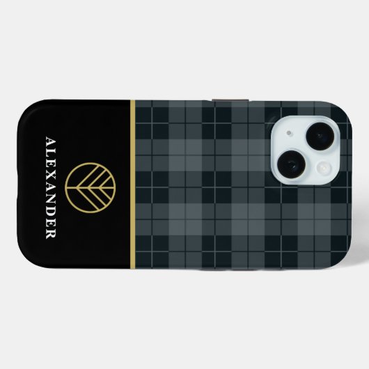 Schwarzes Monogramm Grau Kariertes Tartan Case-Mate iPhone Hülle (Rückseite (Horizontal))