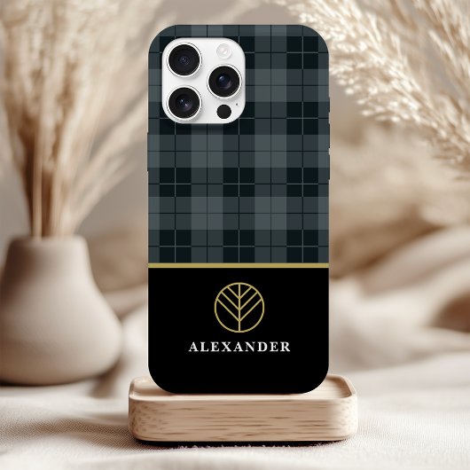 Schwarzes Monogramm Grau Kariertes Tartan Case-Mate iPhone Hülle