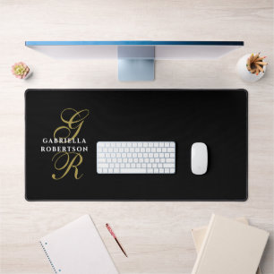 Schwarzes Monogramm Name Gold Weiß Minimalistisch Schreibtischunterlage