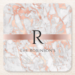 Schwarzes Monogramm & Name, Weiß & Roségold-Marmor Rechteckiger Pappuntersetzer