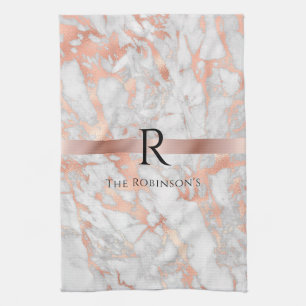 Schwarzes Monogramm & Name, weißer und roségoldene Geschirrtuch
