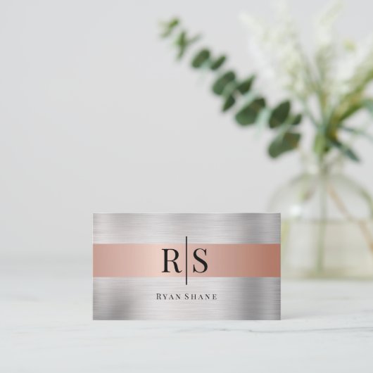 Schwarzes Monogramm und Name, gebürstetes Silber u Visitenkarte (Stehend Vorderseite)