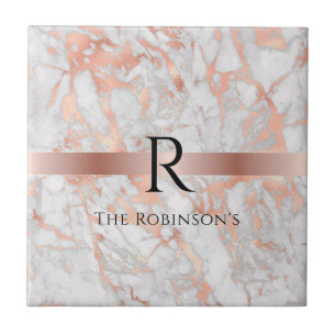 Schwarzes Monogramm und Name, Weißes und Rose-Gold Fliese