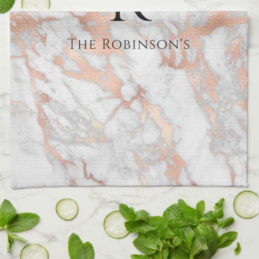 Schwarzes Monogramm und Name, Weißes und Rose-Gold Geschirrtuch (Gefaltet)