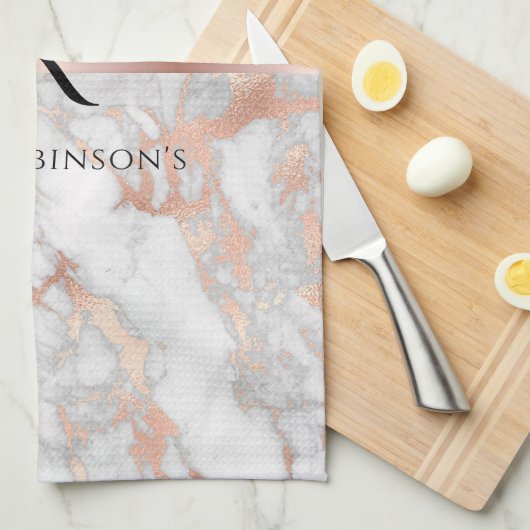 Schwarzes Monogramm und Name, Weißes und Rose-Gold Geschirrtuch (Viertel Falte)