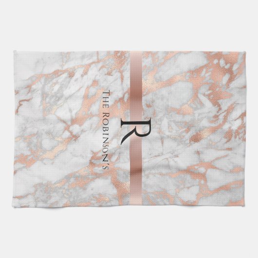 Schwarzes Monogramm und Name, Weißes und Rose-Gold Geschirrtuch (Horizontal)