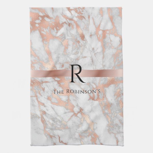 Schwarzes Monogramm und Name, Weißes und Rose-Gold Geschirrtuch (Vertikal)