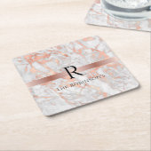 Schwarzes Monogramm und Name, Weißes und Rose-Gold Rechteckiger Pappuntersetzer (angewinkelt)