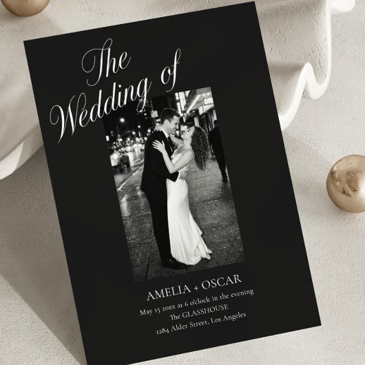 Schwarzes Moody-Formal-Script-Paar-Foto-Hochzeit Einladung