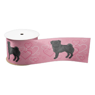 Schwarzes Mops-Hund-Cartoon wischt und Herzen Must Satinband