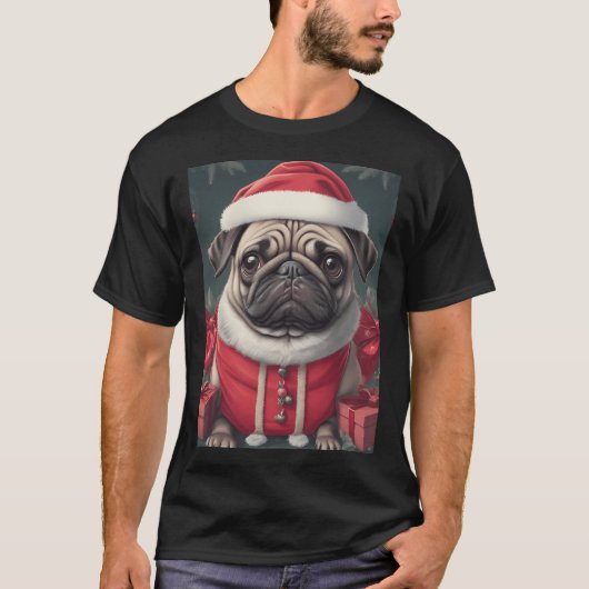 Schwarzes Mops Weihnachten T-Shirt (Vorderseite)