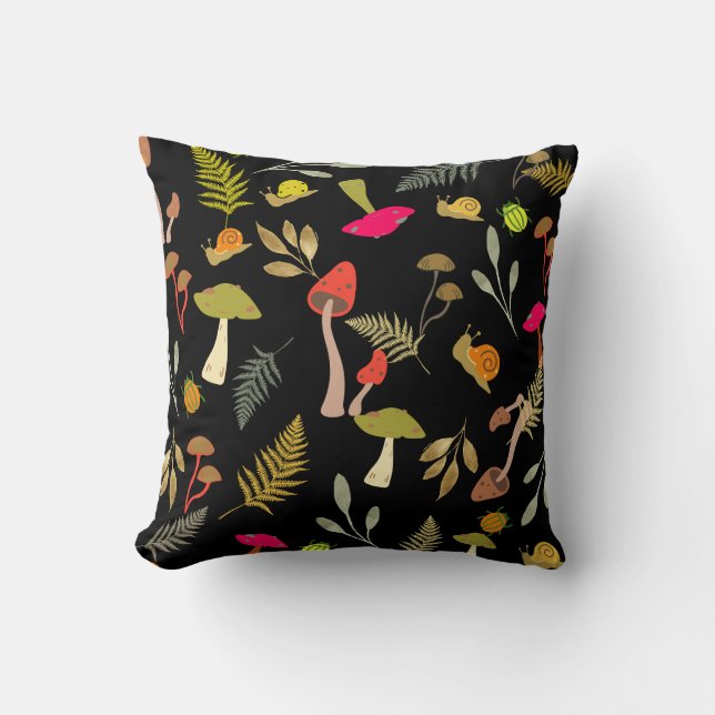 Schwarzes Mushroom Botanical Throw Kissen (Vorderseite)