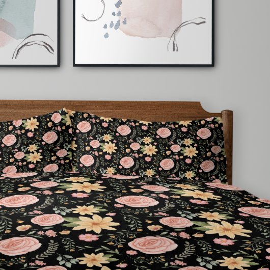 Schwarzes Muster für Vintage Wildblume Rose Kissenbezug