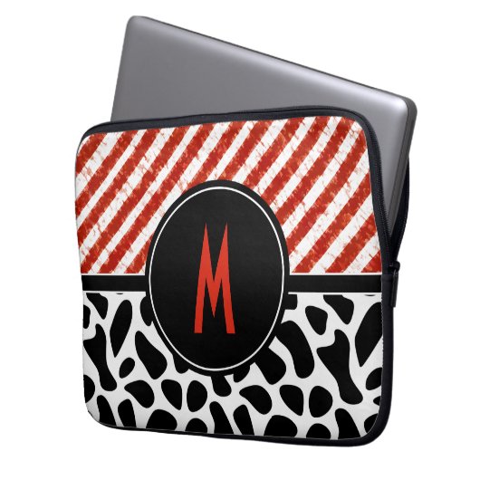 Schwarzes Muster, rotes weißes Streifen Laptopschutzhülle (Vorderseite Links)