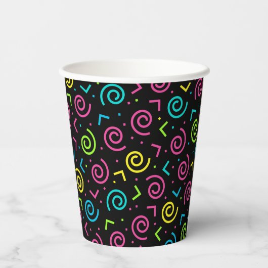 Schwarzes Neon Doodle-Muster der 80er/90er Jahre Pappbecher (Rückseite)