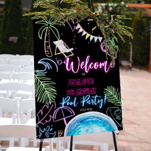 Schwarzes Neon Glow Watercolor Pool Party Willkomm Poster
