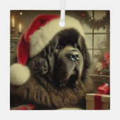 Schwarzes Newfie in der Weihnachtsmannmütze Weihna Ornament Aus Glas (Rückseite)