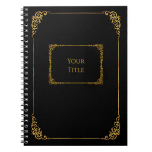Schwarzes Notebook mit goldenen Ornamenten und Tex Notizblock