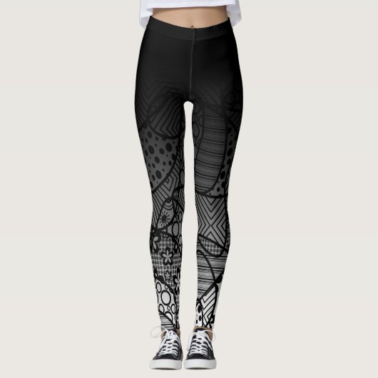 Schwarzes Ombre mit schwarzem u. weißem Muster Leggings (Vorderseite)