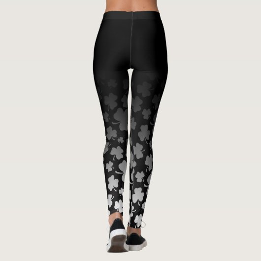 Schwarzes Ombre u. Weiß auf schwarzem Kleeblatt Leggings (Rückseite)