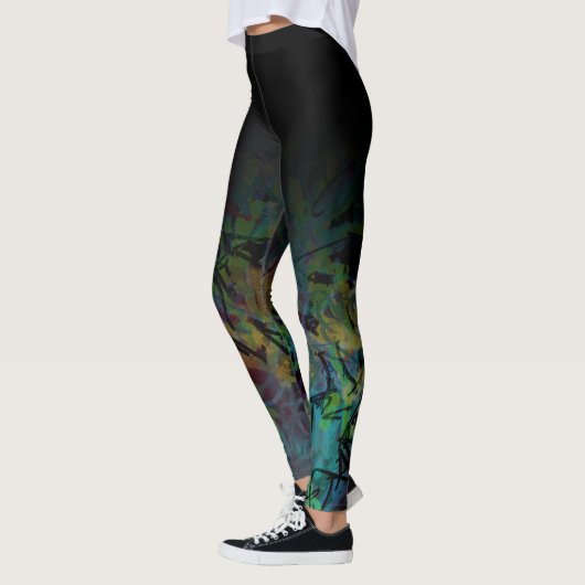 Schwarzes Ombre über mehrfarbiger abstrakter Kunst Leggings (Links)