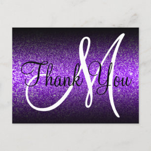 Schwarzes Ombre Violett Glitter Monogramm Danke Postkarte