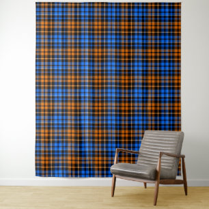 Schwarzes Orange Blau Kariertes Tartan-Design Wandteppich