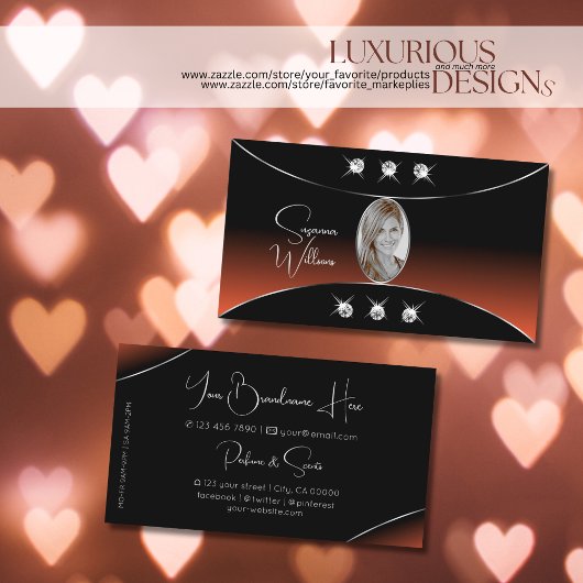 Schwarzes Orange mit Silberdekor Diamanten und Fot Visitenkarte