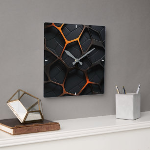 Schwarzes Orange Quadratische Wanduhr