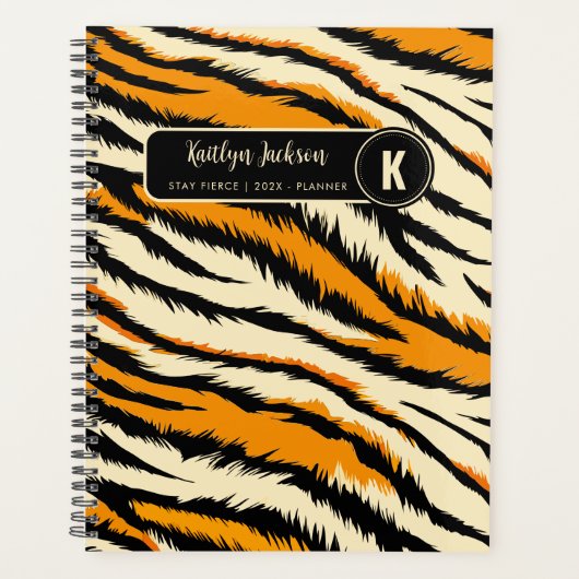 Schwarzes Orange Tiger Streifen Muster Monogramm Planer (Vorderseite)