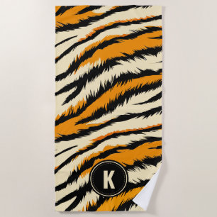Schwarzes Orange Tiger Streifen Muster Monogramm Strandtuch