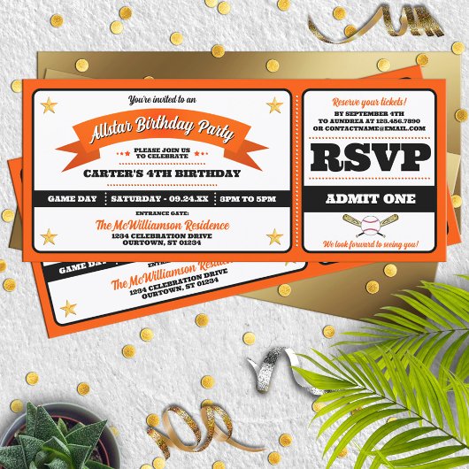 Schwarzes & Oranges Baseball Allstar-Ticket Geburt Einladung