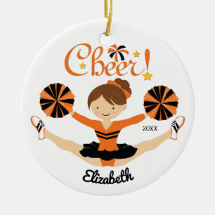 Schwarzes & oranges Cheer Brunette Cheerleader-Orn Keramik Ornament