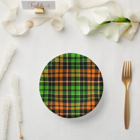 Schwarzes oranges grünes Karo-Tartan-Design  Pappteller (Hochzeit)