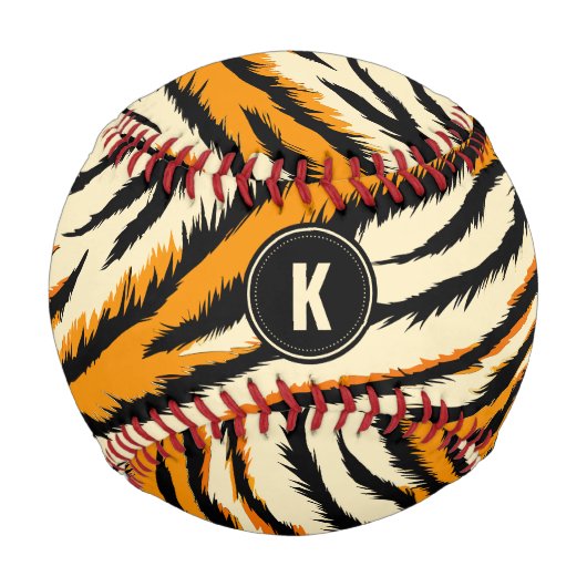 Schwarzes Oranges Tiger-Streifen-Muster-Monogramm Baseball (Vorderseite)