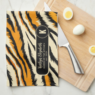 Schwarzes Oranges Tiger-Streifen-Muster-Monogramm Geschirrtuch