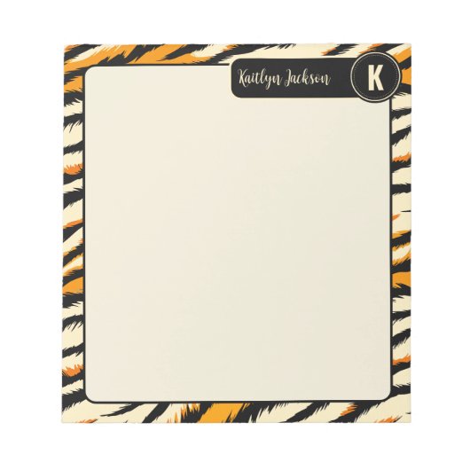 Schwarzes Oranges Tiger-Streifen-Muster-Monogramm Notizblock (Vorderseite)
