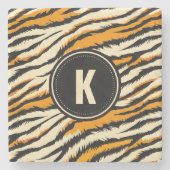 Schwarzes oranges Tiger-Streifenmuster-Monogramm Steinuntersetzer (Vorderseite)