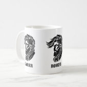Schwarzes ornamentales Barbier-Logo Kaffeetasse (Vorderseite Links)