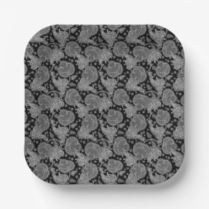 Schwarzes Paisley-Damask Blumenmuster orientiert e Pappteller