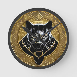 Schwarzes Panther-Symbol mit goldenem geometrische Runde Wanduhr